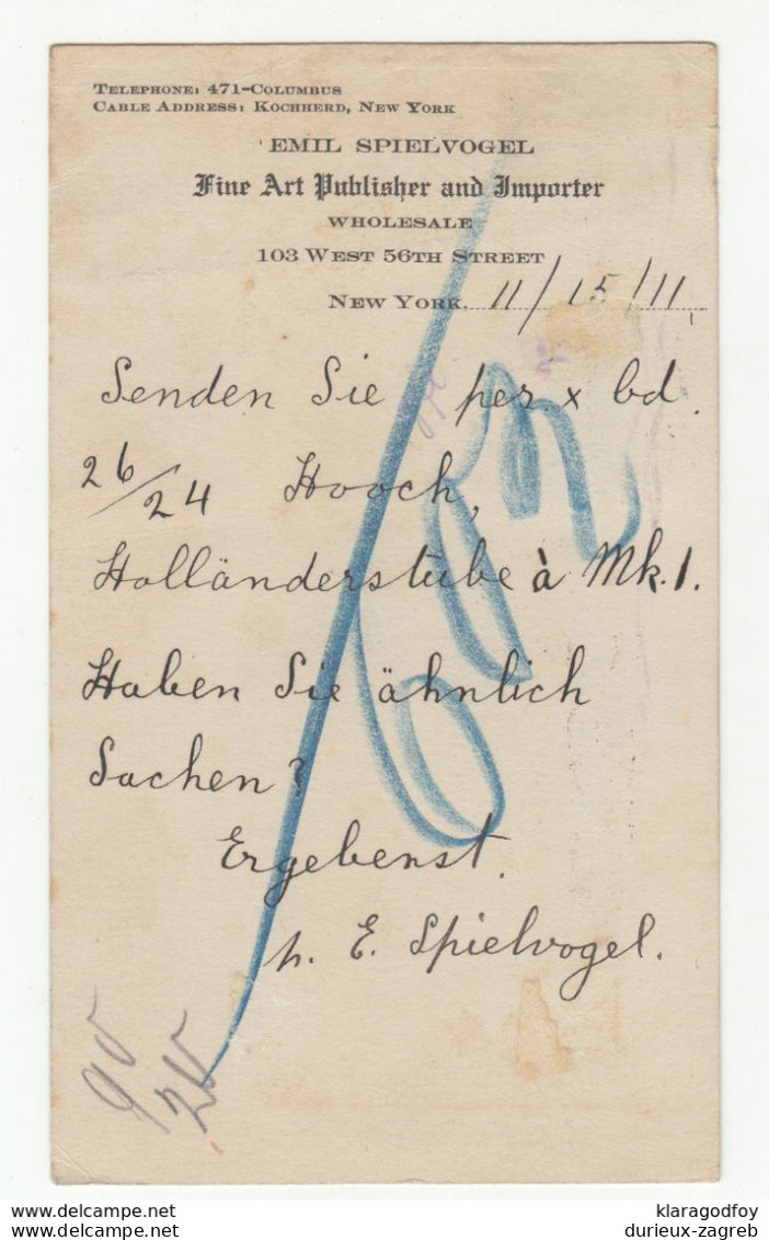 Emil Spielvogel, Fine Art And Importer, New York Pre-printed Postal Stationery Postcard Posted 1911 B200720 - 1901-20