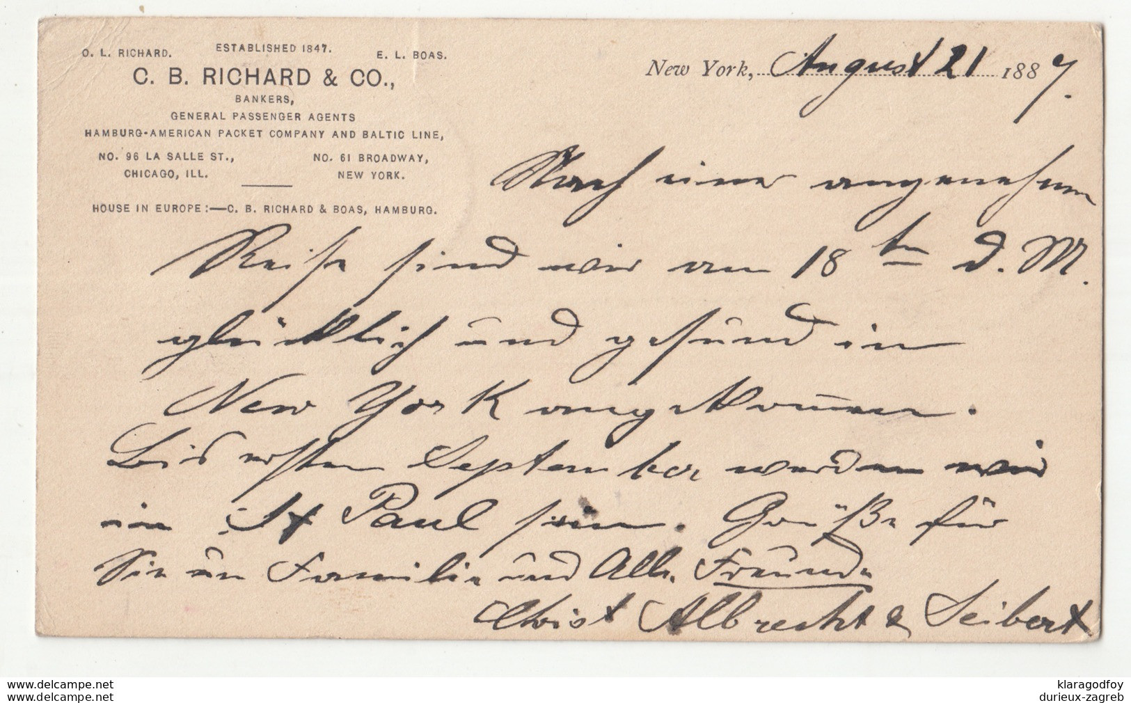 G.B.Richard & Co., Preprinted Postal Stationery Postcard Posted 1887 NY To Coburg B200310 - ...-1900