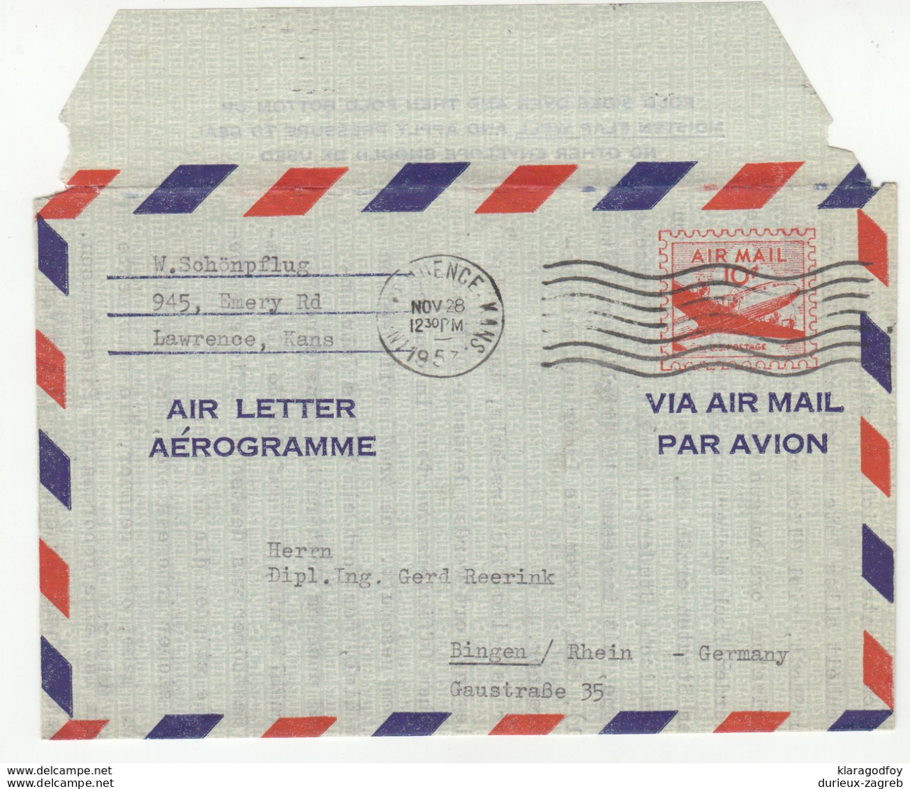 US Postal Stationery Air Letter Posted 1957 To Germany B200301 - 1941-60