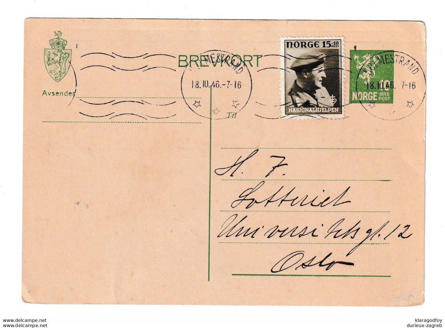 Norway Old Postal Stationery Postcard Posted 1946 B210410 - Interi Postali