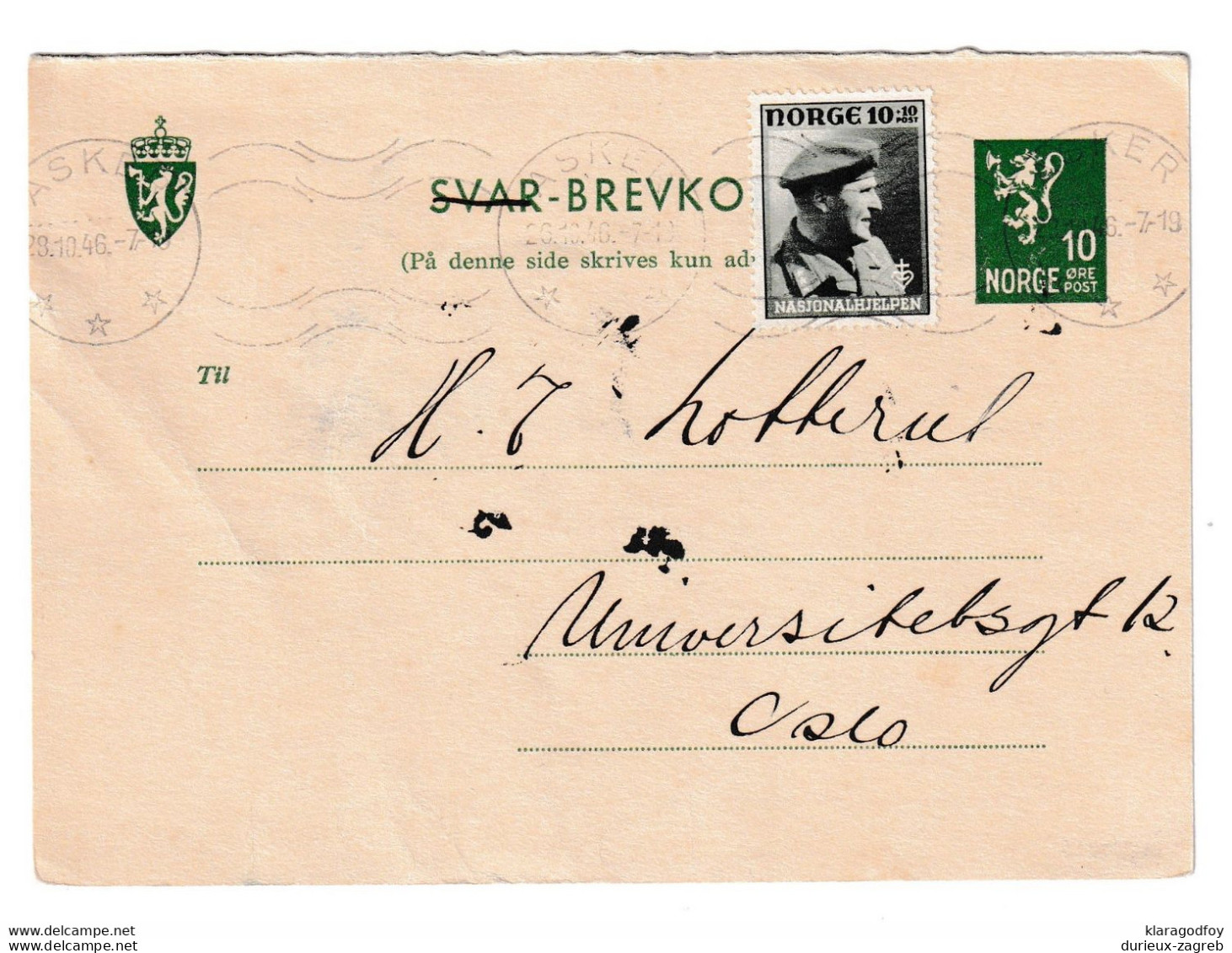 Norway Old Postal Stationery Postcard Posted 1946 B210410 - Entiers Postaux