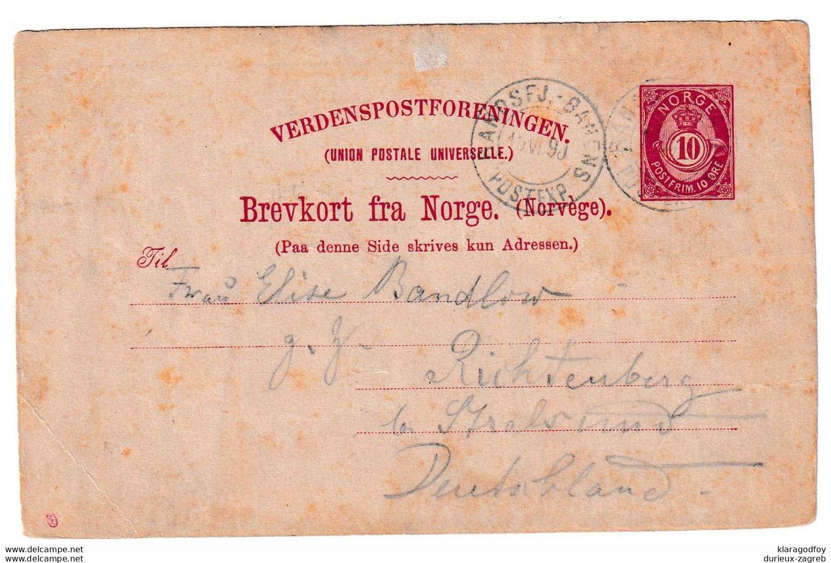 Norway Old Postal Stationery Postcard Posted 1891 B210410 - Postwaardestukken
