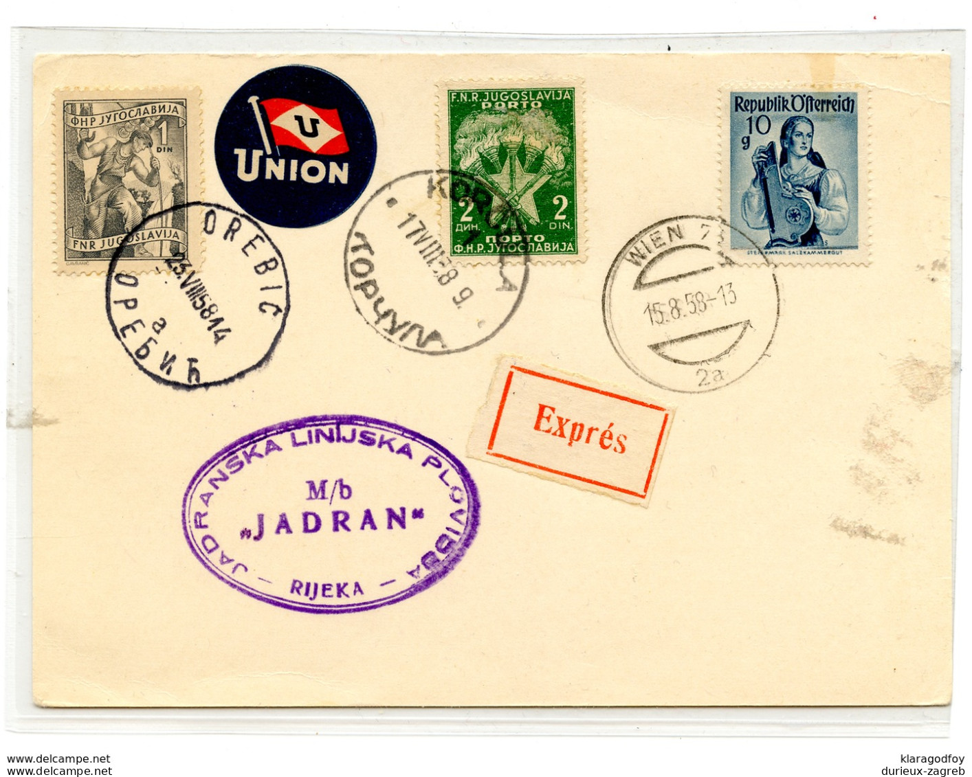 Yugoslavia 1958 MB "JADRAN" Ship Post Postmark On Card - Pmks. Orebić Korčula Wien B200110 - Andere(Zee)