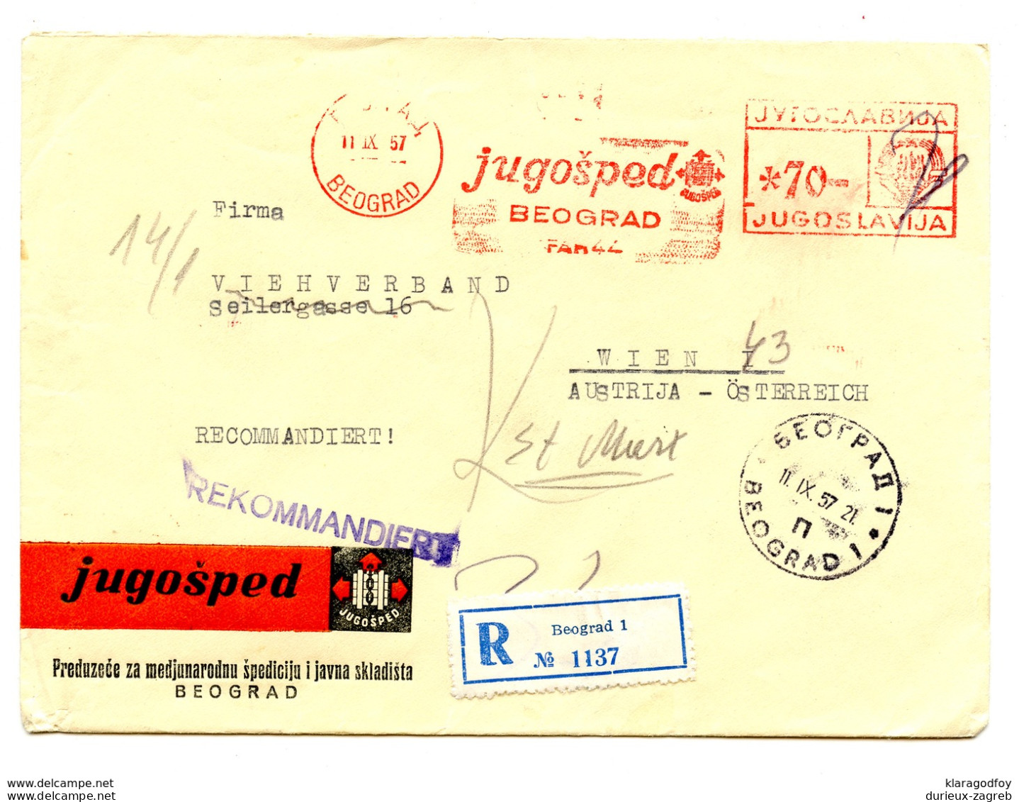 Jugošped Beograd Meter Stamp On Company Letter Cover Posted Registered 1957 To Wien B200110 - Brieven En Documenten