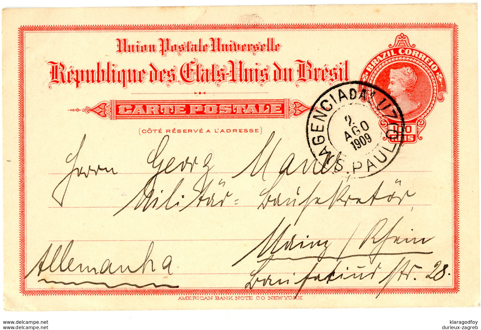 Brasil UPU Postal Stationery Postcard Carte Postale Posted 1909 To Germany B200210 - Entiers Postaux