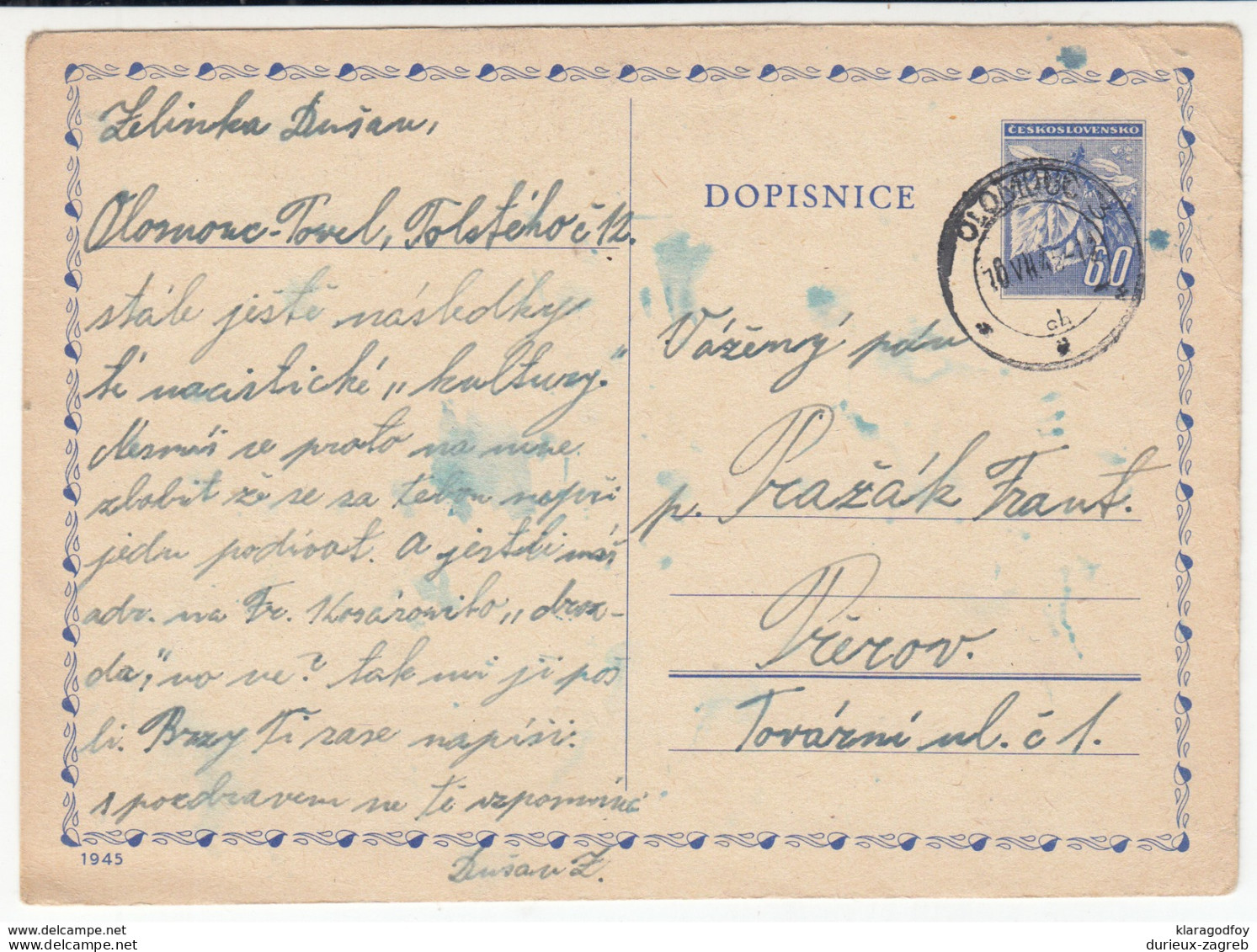 Czechoslovakia Old Postal Stationery Postcard Dopisnice Travelled 1945 B171025 - Cartes Postales