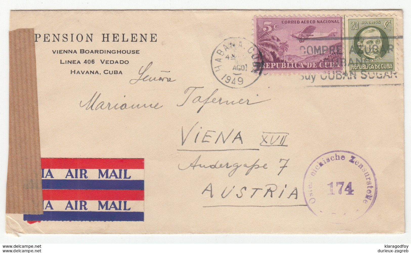 Pension Helene Company Letter Cover Travelled Air Mail 1949 To Austria - Censored B170915 - Poste Aérienne