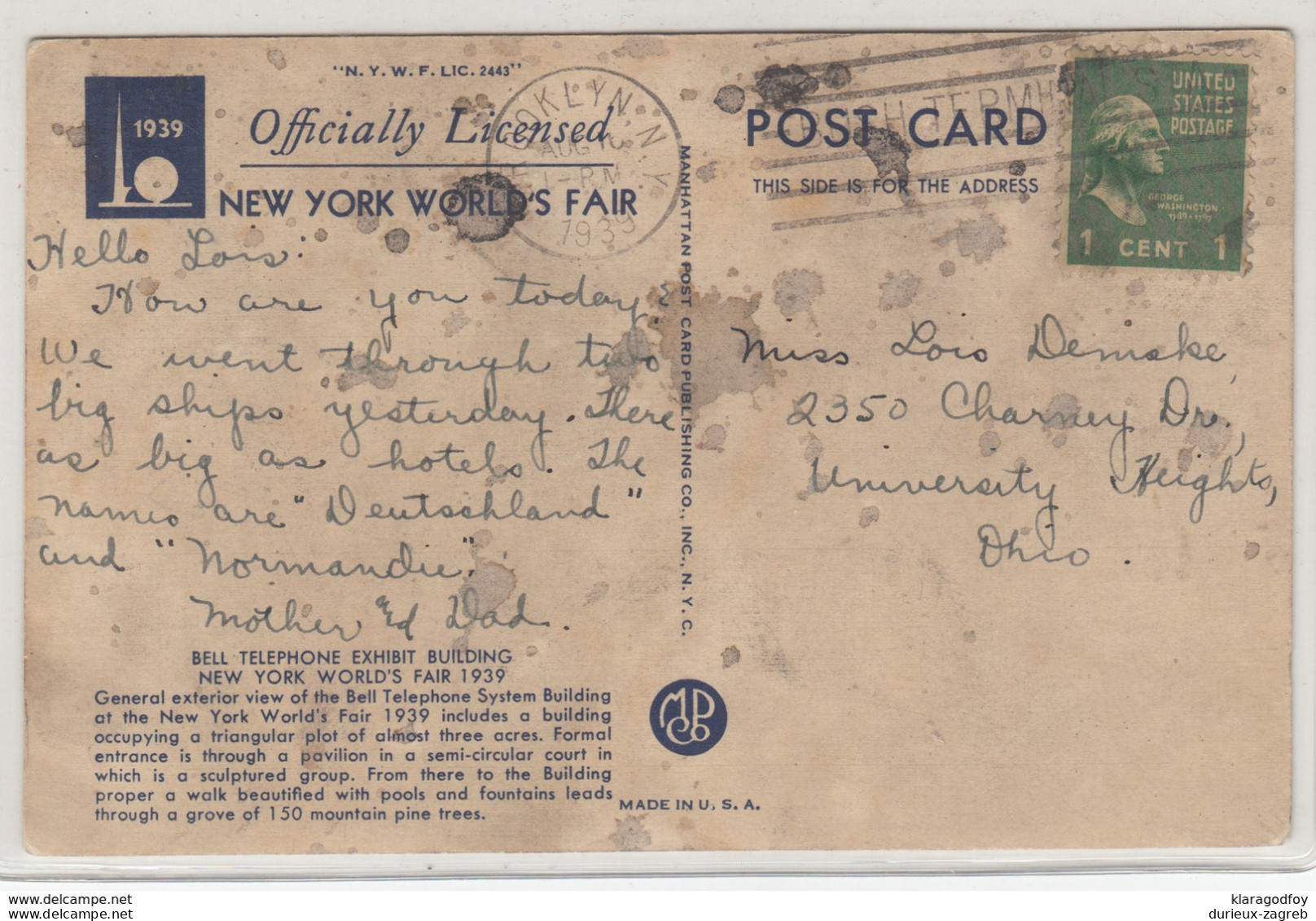 Bell Telephone Exhibit Building NY World's Fair 1939 Old Postcard Travelled 1939 B170915 - Tentoonstellingen