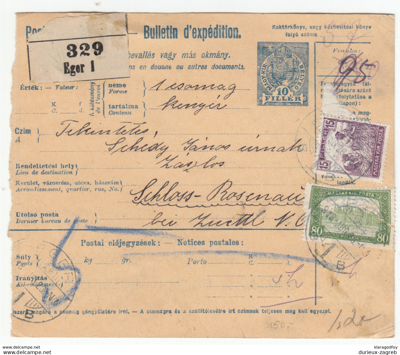 Hungary Parcel Card Bulletin D'expedition 1918 Eger To Schloss-Rosenau B170915 - Pacchi Postali