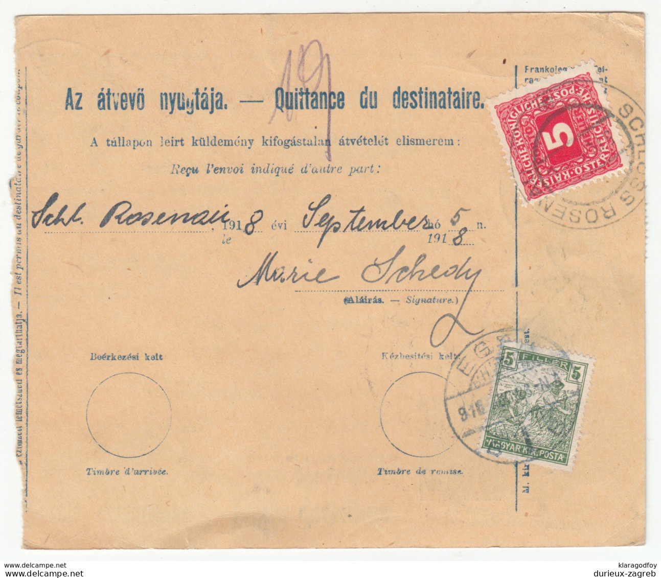 Hungary Parcel Card Bulletin D'expedition 1918 Eger To Schloss-Rosenau B170915 - Postpaketten