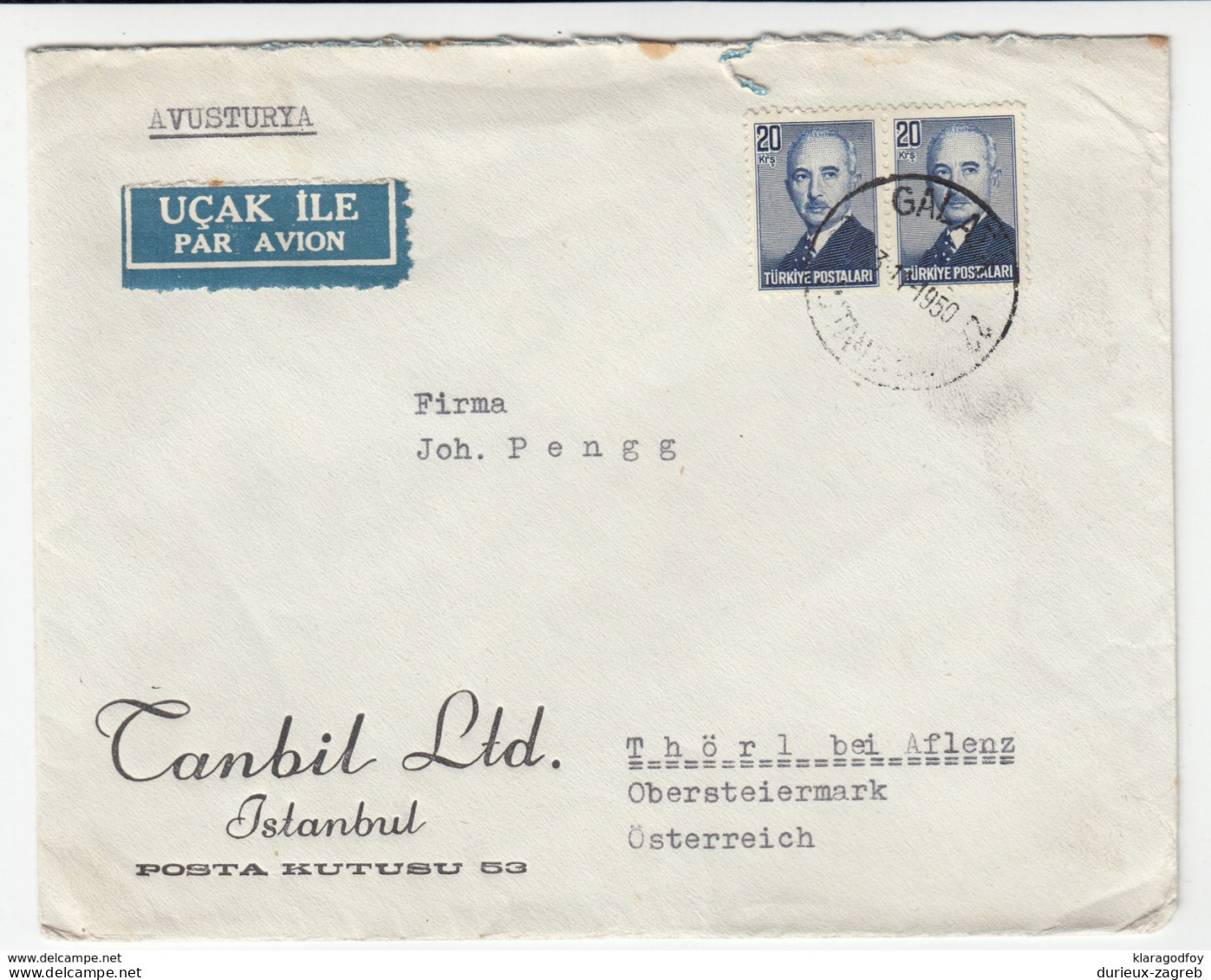 Tanbil Ltd. Company Letter Cover Travelled 1950 Galata To Thörl Bei Aflenz B170429 - Lettres & Documents