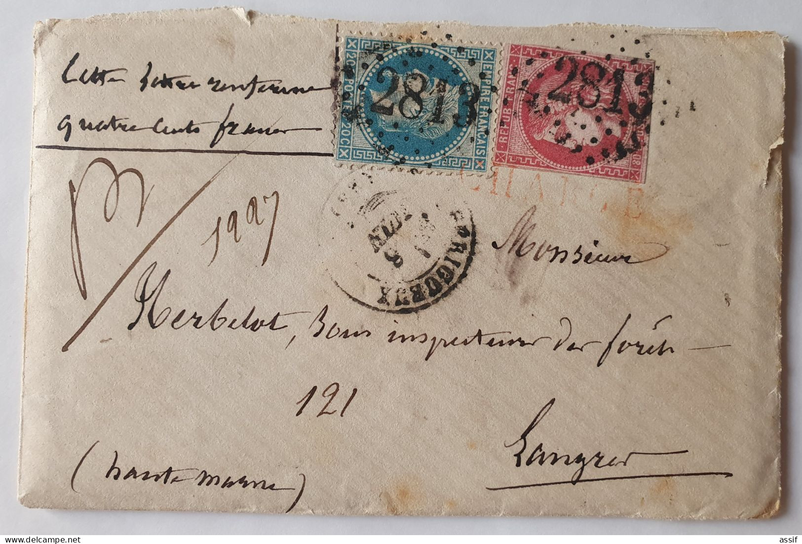 France Lettre 1871 49 Bordeaux + 29 Empire Périgueux Pour Langres Lettre Chargée Contre Remboursement - 1870 Emission De Bordeaux