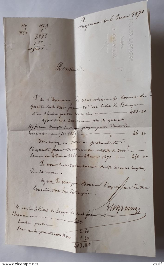 France Lettre 1871 49 Bordeaux + 29 Empire Périgueux Pour Langres Lettre Chargée Contre Remboursement - 1870 Emission De Bordeaux