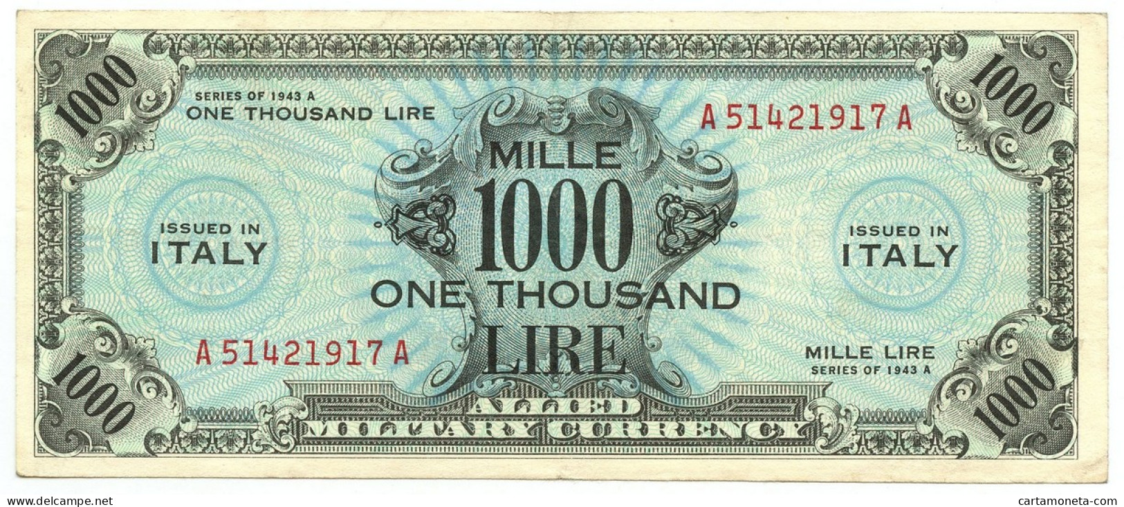 1000 LIRE OCCUPAZIONE AMERICANA IN ITALIA BILINGUE FLC A-A 1943 A BB - 2. WK - Alliierte Besatzung