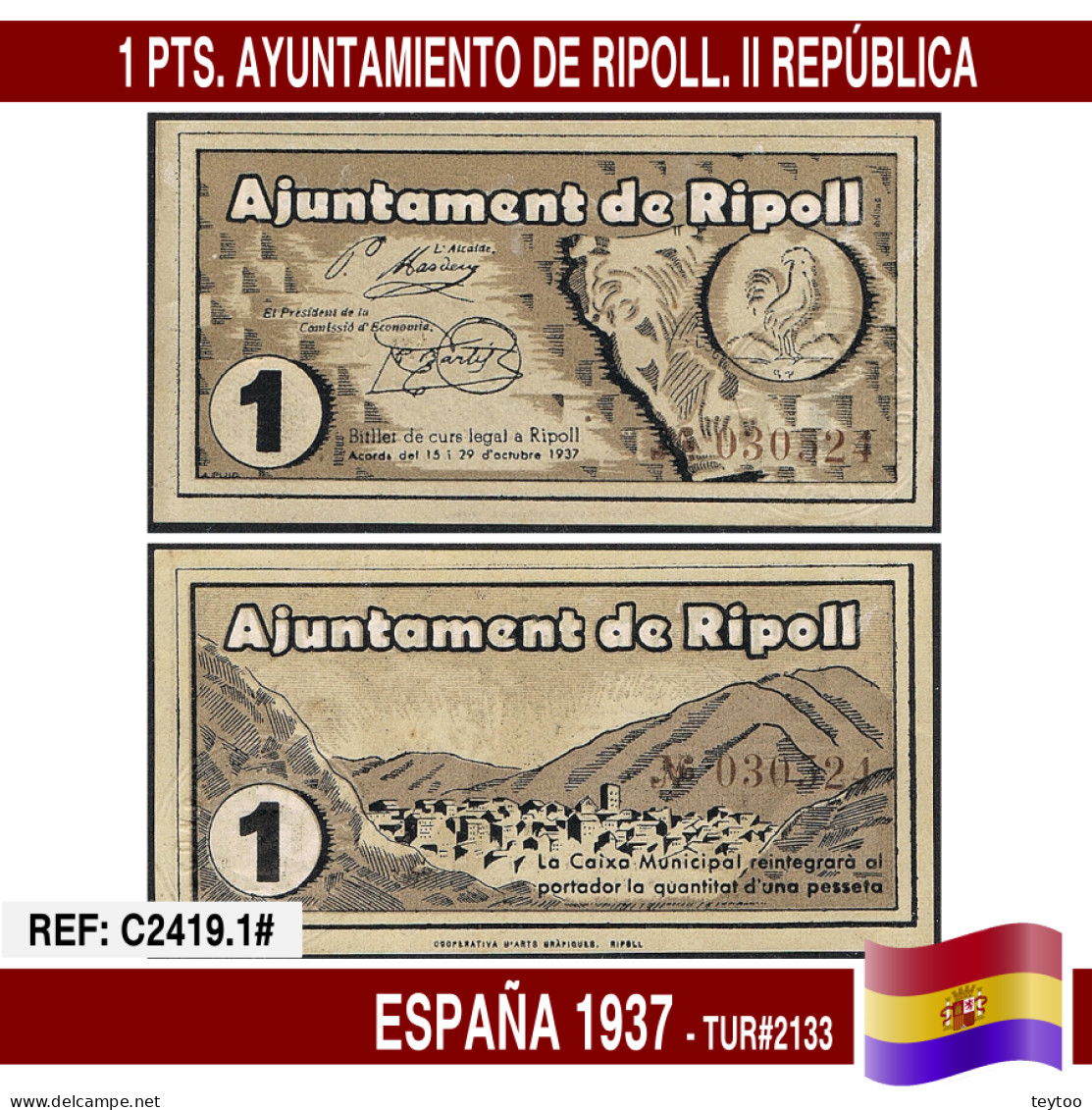 C2419.1# España 1937. 1 Pts. Ayuntamiento De Ripoll (UNC) TUR@2133 - 1-2 Peseten