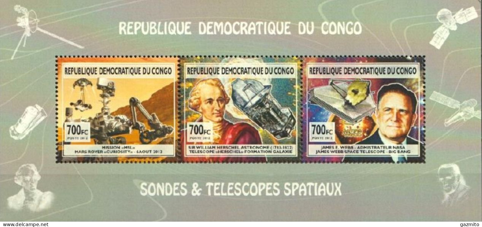 Congo Ex Zaire 2013, Space, Astronomers, Satellites, Telescope, 3val In BF - Mint/hinged