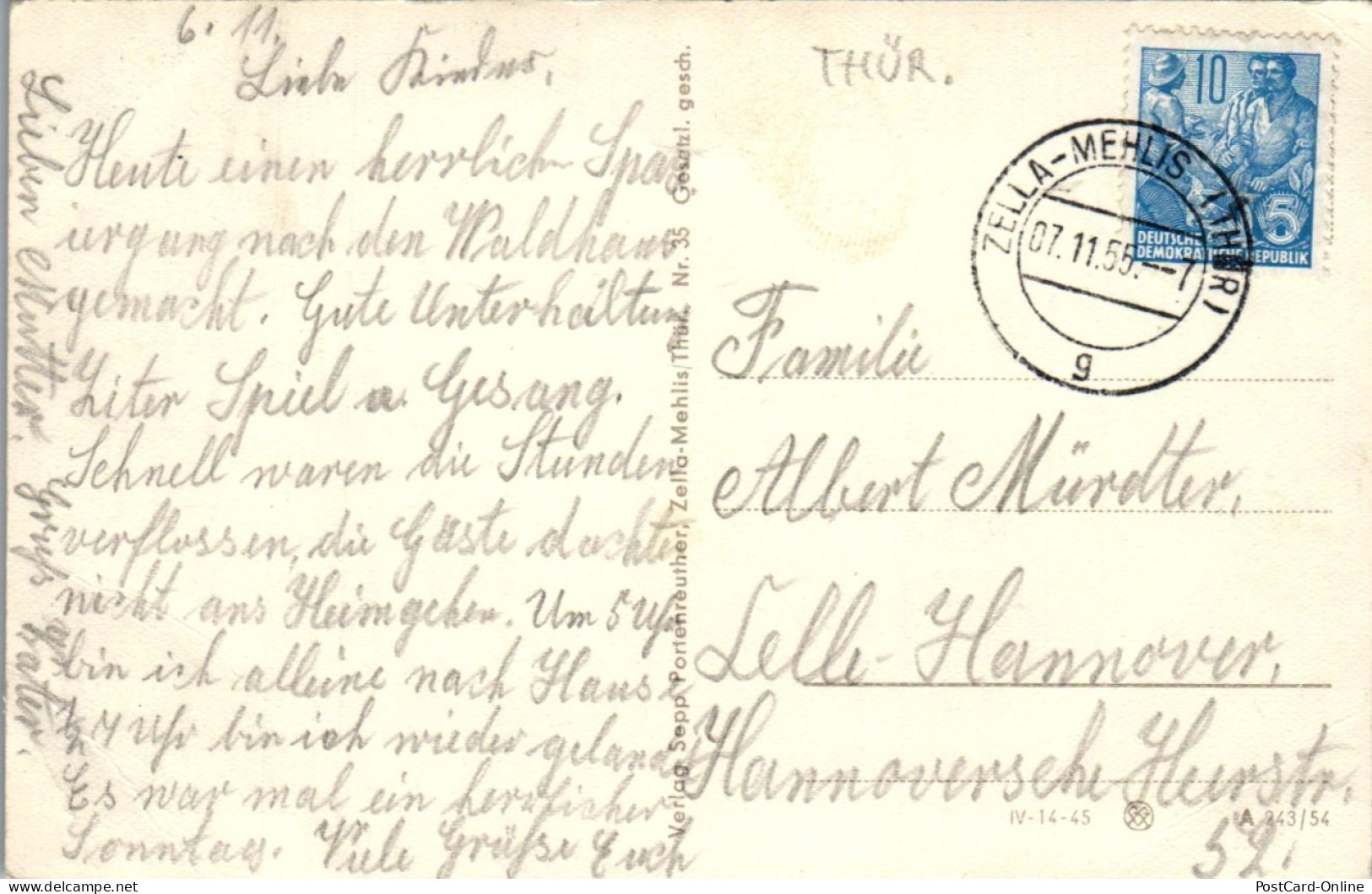 43678 - Deutschland - Zella Mehlis , Waldhaus - Gelaufen 1955 - Zella-Mehlis