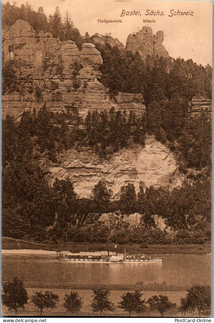 43504 - Deutschland - Bastei , Sächsische Schweiz , Tiedgenstein , Mönch , Dampfer Wettin - Gelaufen 1918 - Bastei (sächs. Schweiz)