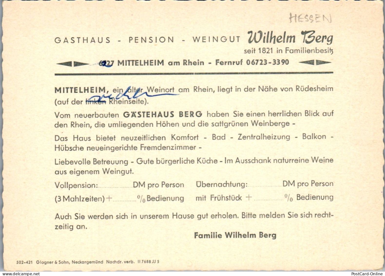 44291 - Deutschland - Mittelheim , Gasthaus Weingut Wilhelm Berg , Haus Berg - Nicht Gelaufen  - Oestrich-Winkel