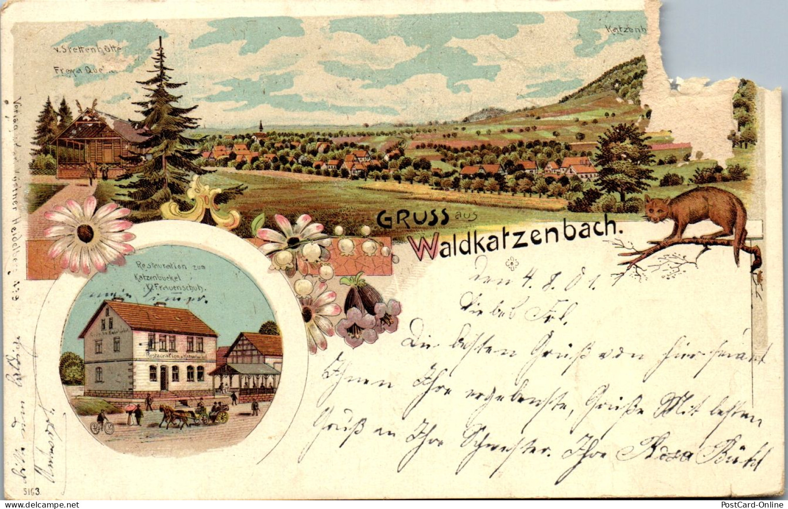 44173 - Deutschland - Waldkatzenbach , Waldbach , Gruss Aus , Restaurant Zum Katzenbuckel , Beschädigt - 1901 - Waldbrunn