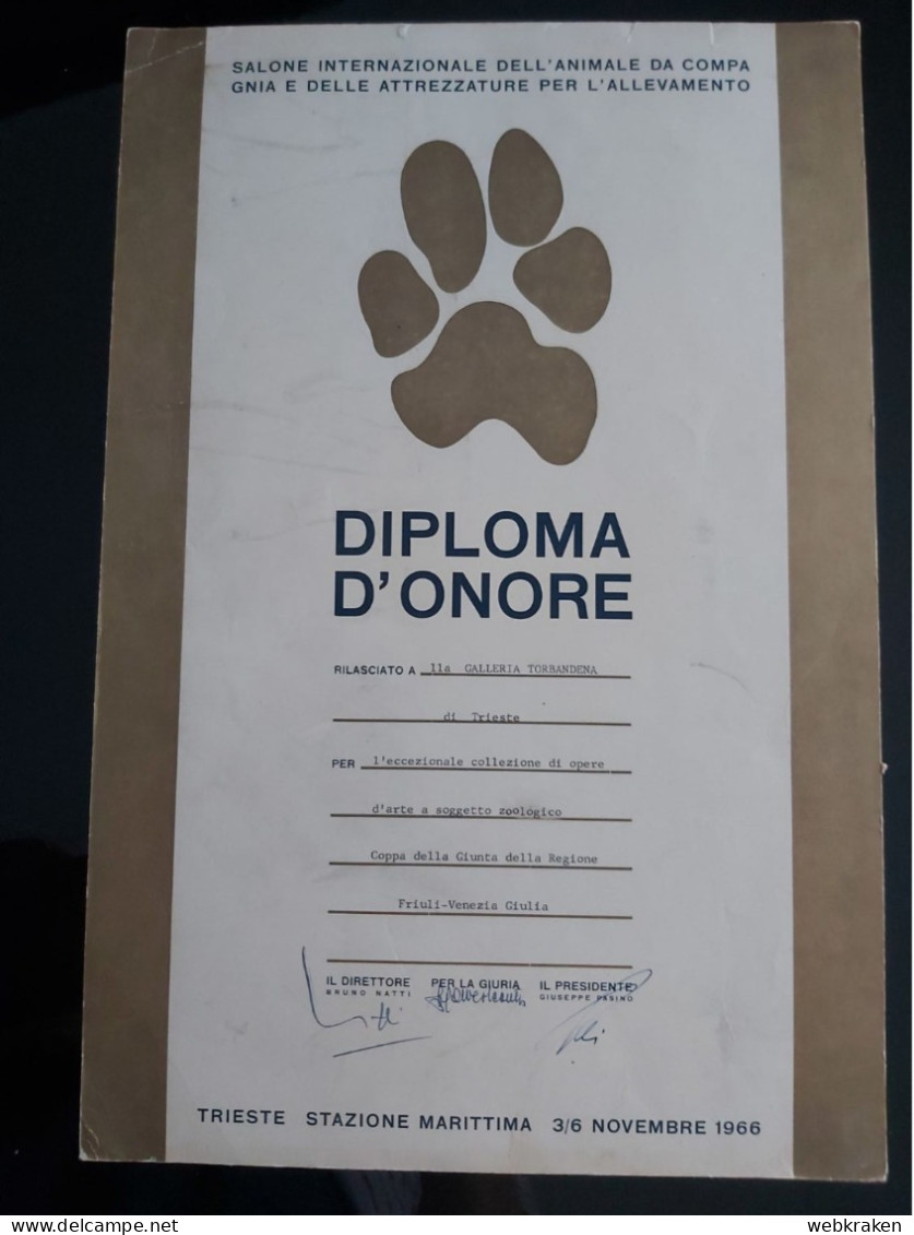 TRIESTE 1966 DIPLOMA D'ONORE SALONE INTERNAZIONALE ANIMALE DA COMPAGNIA - Diplômes & Bulletins Scolaires