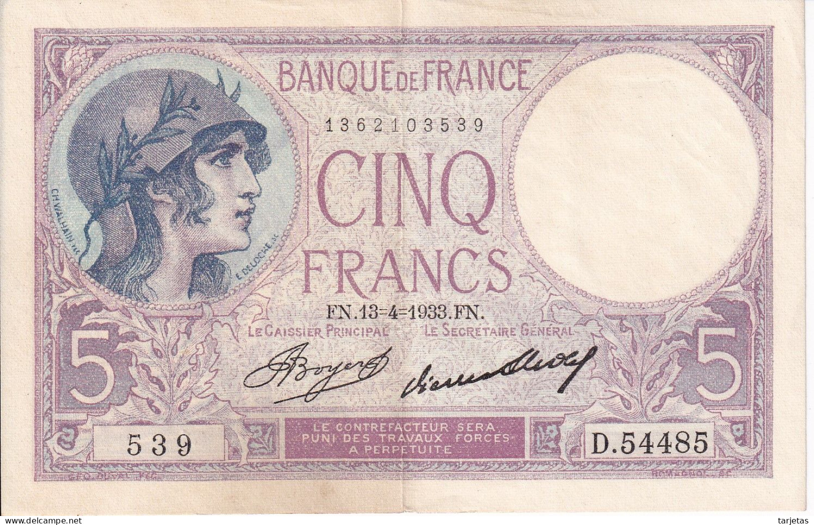 BILLETE DE FRANCIA DE 5 FRANCS DEL 13-4-1933 VIOLET  (BANKNOTE) - 5 F 1917-1940 ''Violet''