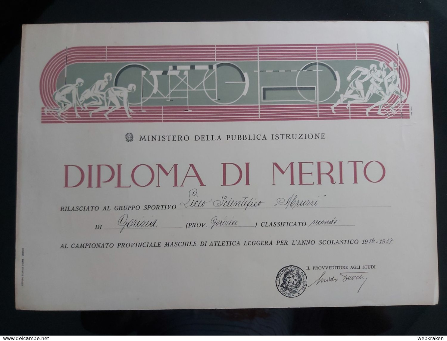 GORIZIA DIPLOMA DI MERITO GRUPPO SPORTIVO LICEO DUCA DEGLI ABRUZZI 1956 - 57 - Diplômes & Bulletins Scolaires