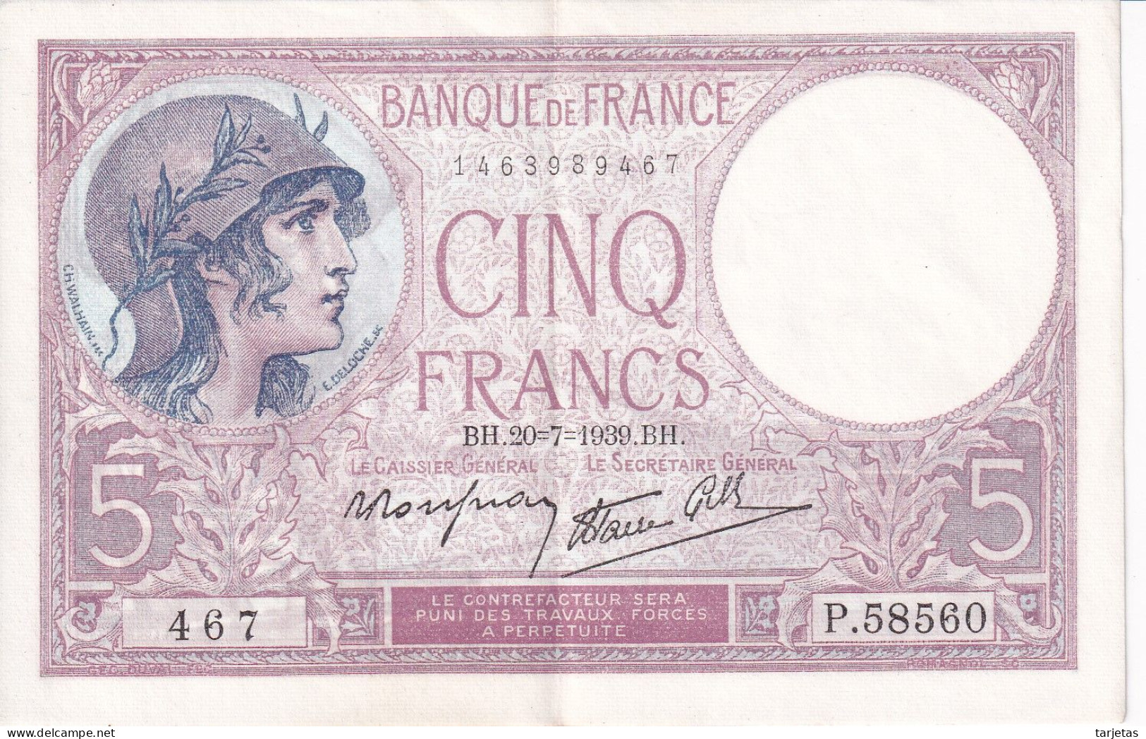 BILLETE DE FRANCIA DE 5 FRANCS DEL 20-7-1939 VIOLET EN CALIDAD EBC (XF) (BANKNOTE) - 5 F 1917-1940 ''Violet''