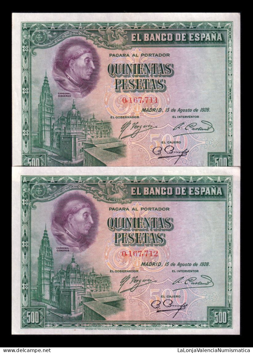 España Spain Pareja 500 Pesetas Cardenal Cisneros 1928 Pick 77 Ebc+ Xf+ - 500 Peseten