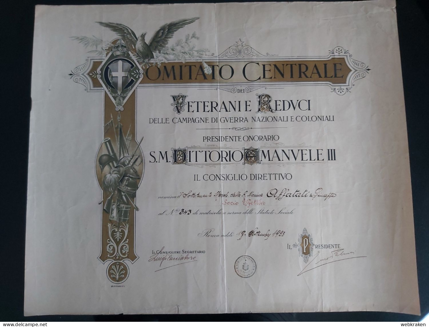 ROMA 1923 DIPLOMA DEL COMITATO CENTRALE VETERANI E REDUCI GUERRE COLONIALI A.O.I POI GUARDIE TOMBE AL PHANTEON - Diplômes & Bulletins Scolaires