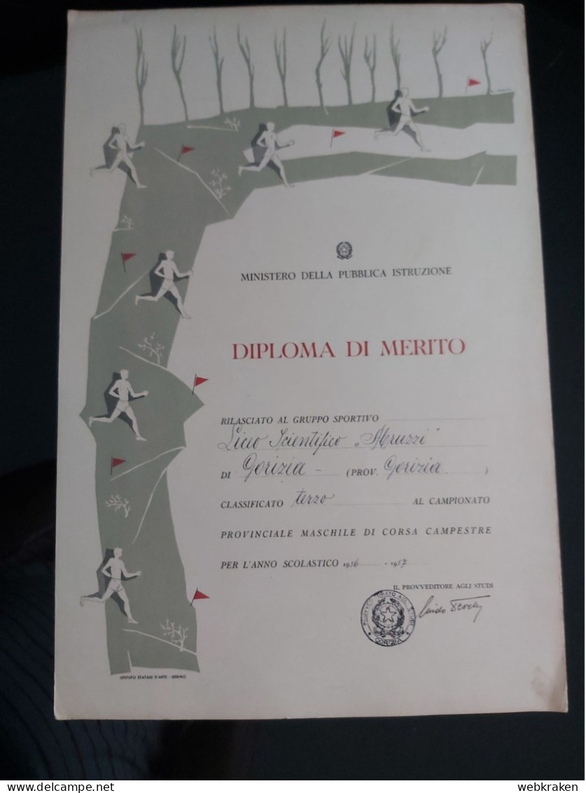 GORIZIA DIPLOMA DI MERITO GARA CAMPESTRE LICEO DUCA DEGLI ABRUZZI 1956 - 57 - Diplômes & Bulletins Scolaires