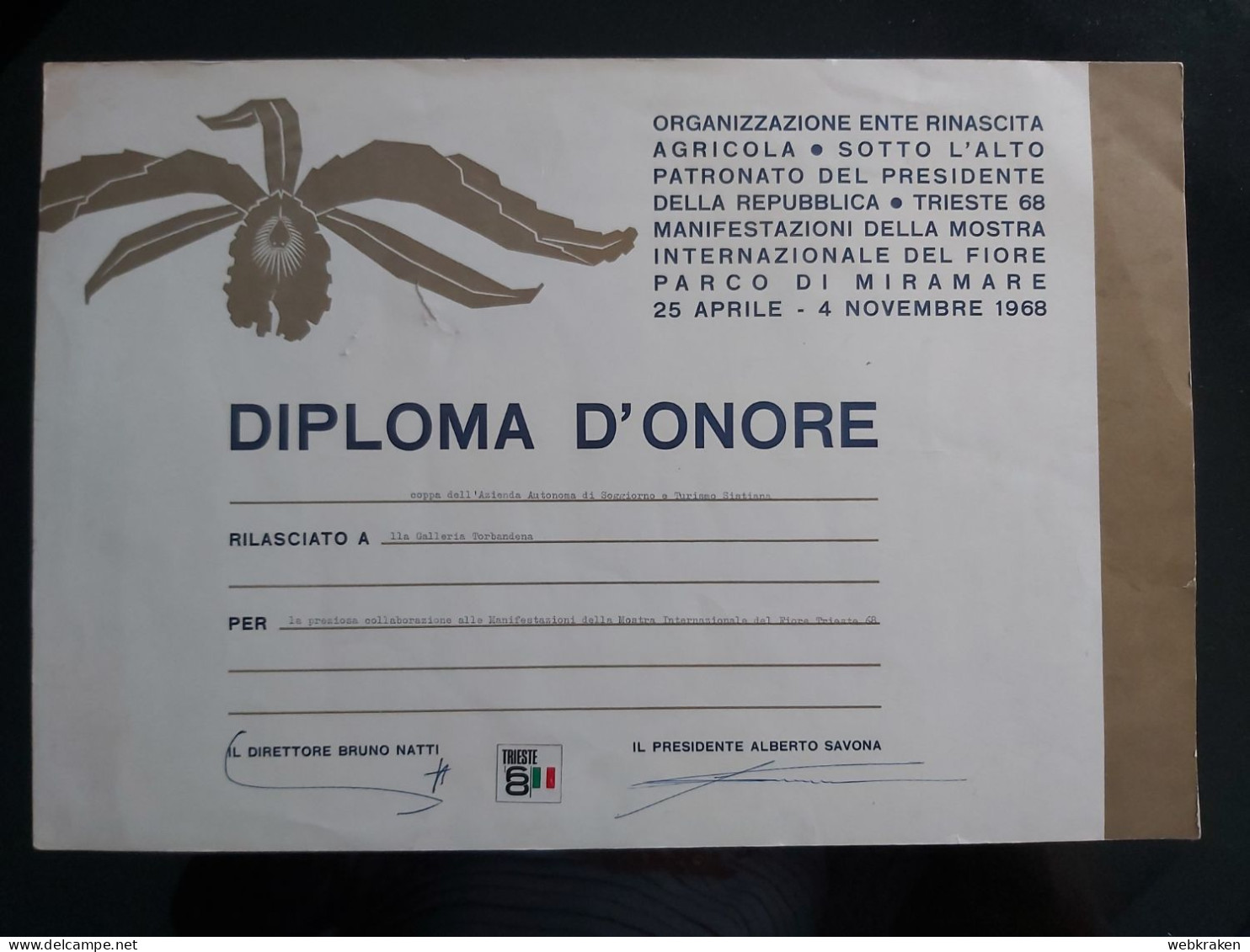 TRIESTE 1968 DIPLOMA D'ONORE MOSTRA INTERNAZIONALE DEL FIORE PARCO MIRAMARE - Diplômes & Bulletins Scolaires
