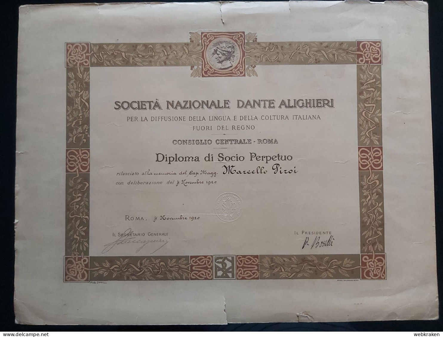 ROMA 1920 DIPLOMA DI SOCIO DELLA SOCIETA' NAZIONALE DANTE ALIGHIERI - Diplômes & Bulletins Scolaires
