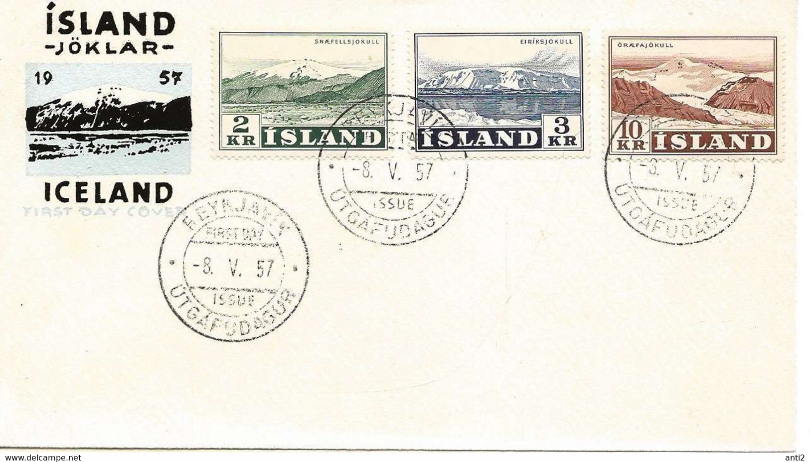 Iceland Island 1957 Landscapes, Mountains,  Snæfellsjökull, Eiriksjokull, Öræfajökull, Mi  316 - 318, FDC - Lettres & Documents