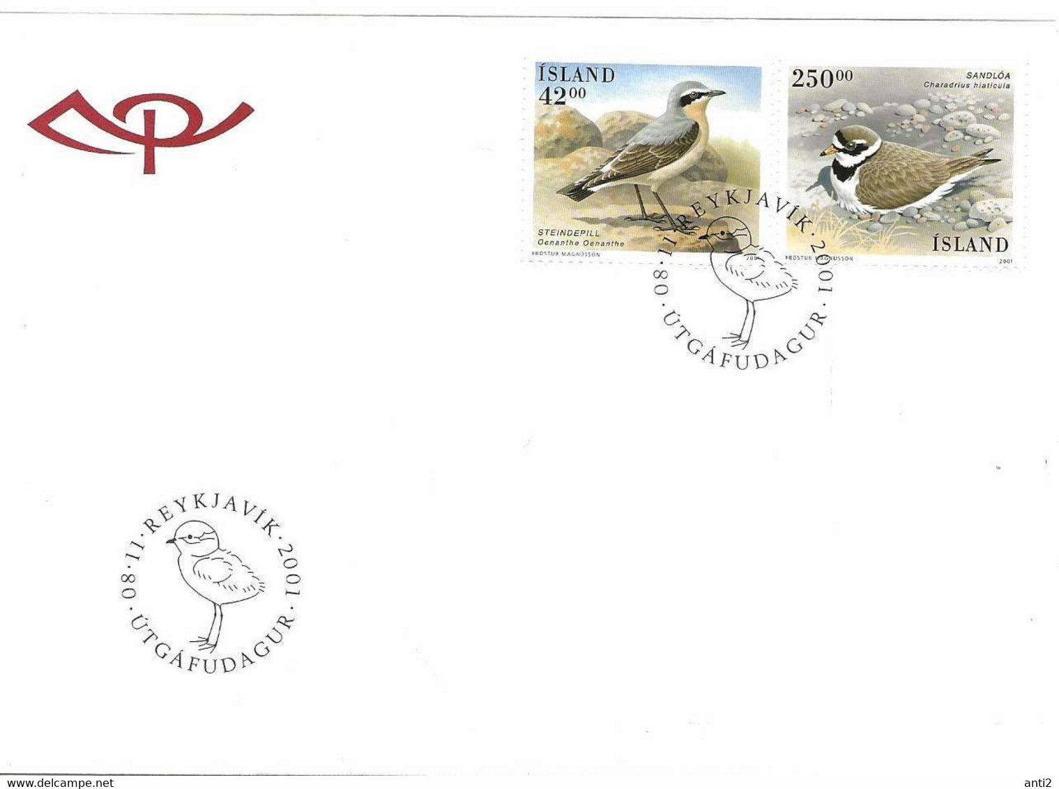 Island Iceland  2001 Northern Wheatear And  Common Ringed Plover  Mi  996-997 FDC - Storia Postale