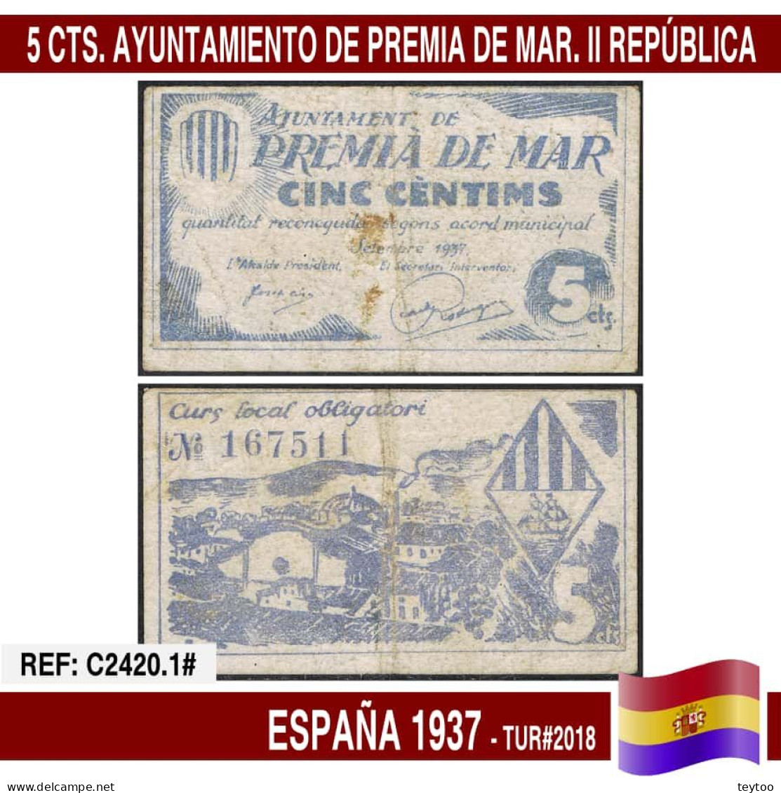 C2420.1# España 1937. 5 Cts. Ayuntamiento Premiá De Mar (G) TUR@2018 - 1-2 Pesetas