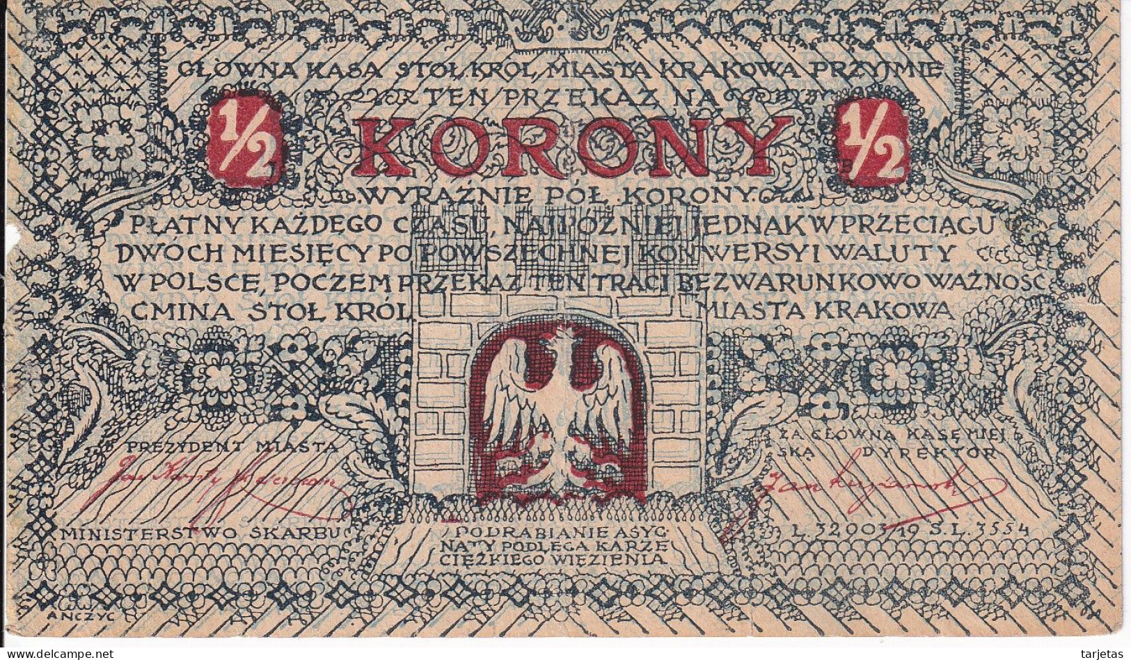 BILLETE DE POLONIA DE 1/2 KORONY DEL AÑO 1919 (BANK NOTE) - Pologne