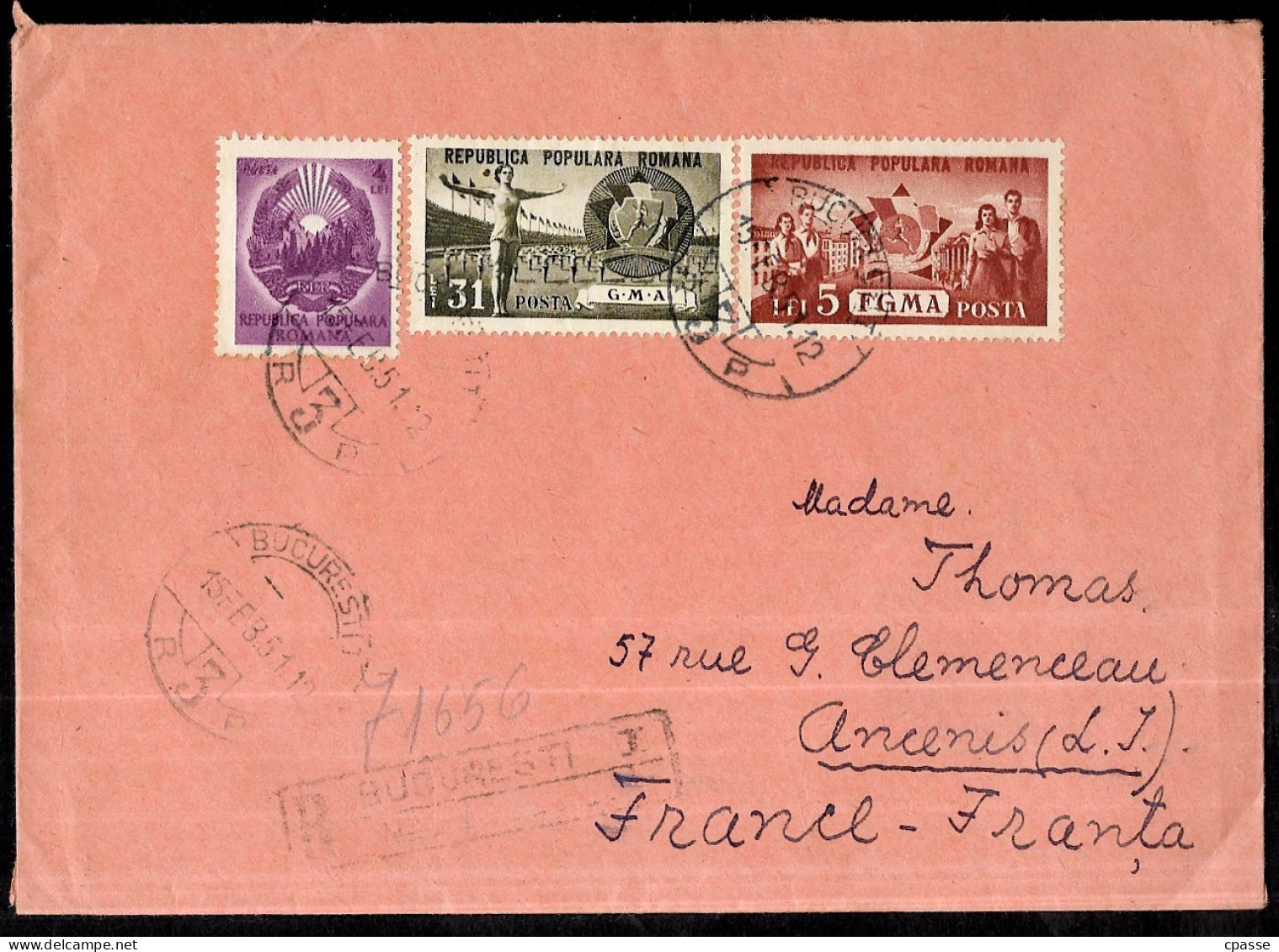 1951 Lettre Recommandée Posta Republica Populara Romana, Roumanie Romania, Affranchissement Composé, Vers France Ancenis - Storia Postale