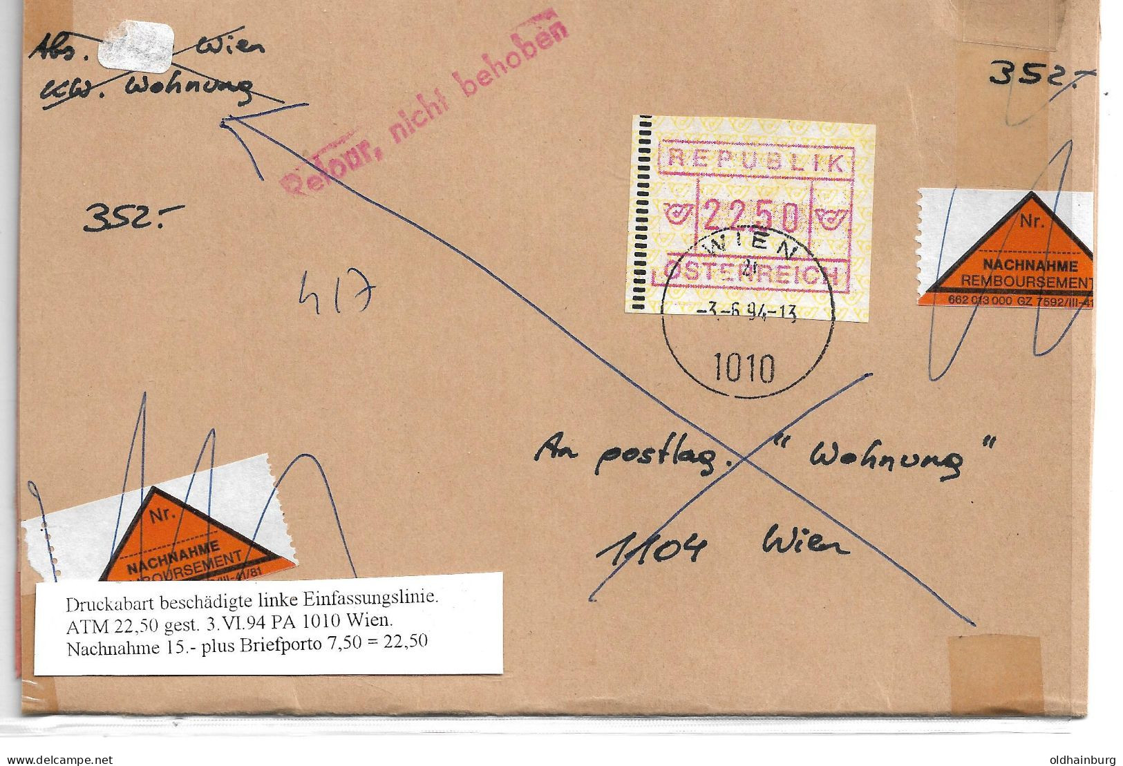 2350j: Österreich 1994, ATM- Nachnahmebeleg Lt. Scanbeschreibung, 22.50 Mit Fehlender Linker Zierleiste - Machine Labels [ATM]