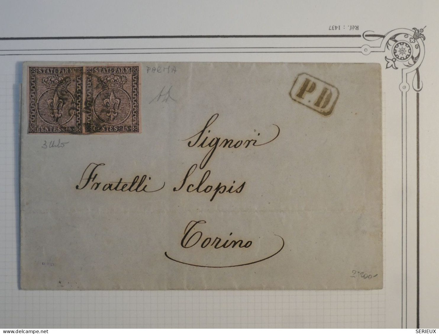 C PARMA ITALIA  BELLE LETTRE RARE SIGNEE DIENA 20 DEC. 1858 A TORINO + PAIRE PARFAITE DE  15C ROSE++AFF. PLAISANT++++ - Parme