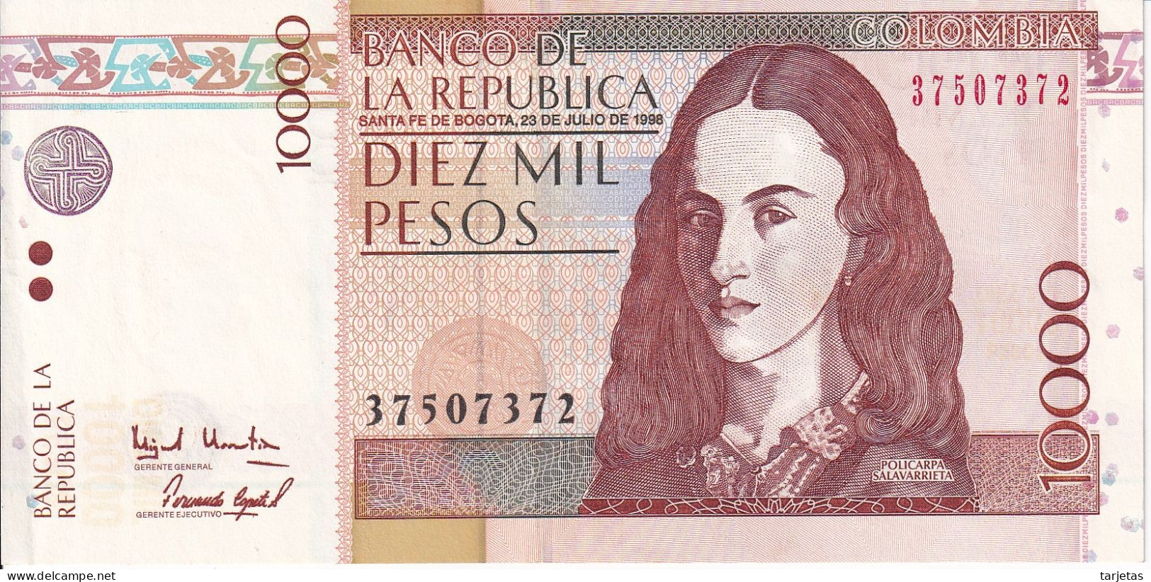 BILLETE DE COLOMBIA DE 10000 PESOS DEL AÑO 1998 EN CALIDAD EBC (XF) (BANKNOTE) - Kolumbien