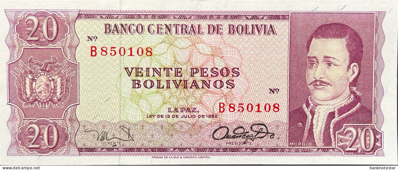 Bolivia 20 Pesos Bolivianos, P-161 (L.1962) - UNC - RARE - Bolivia