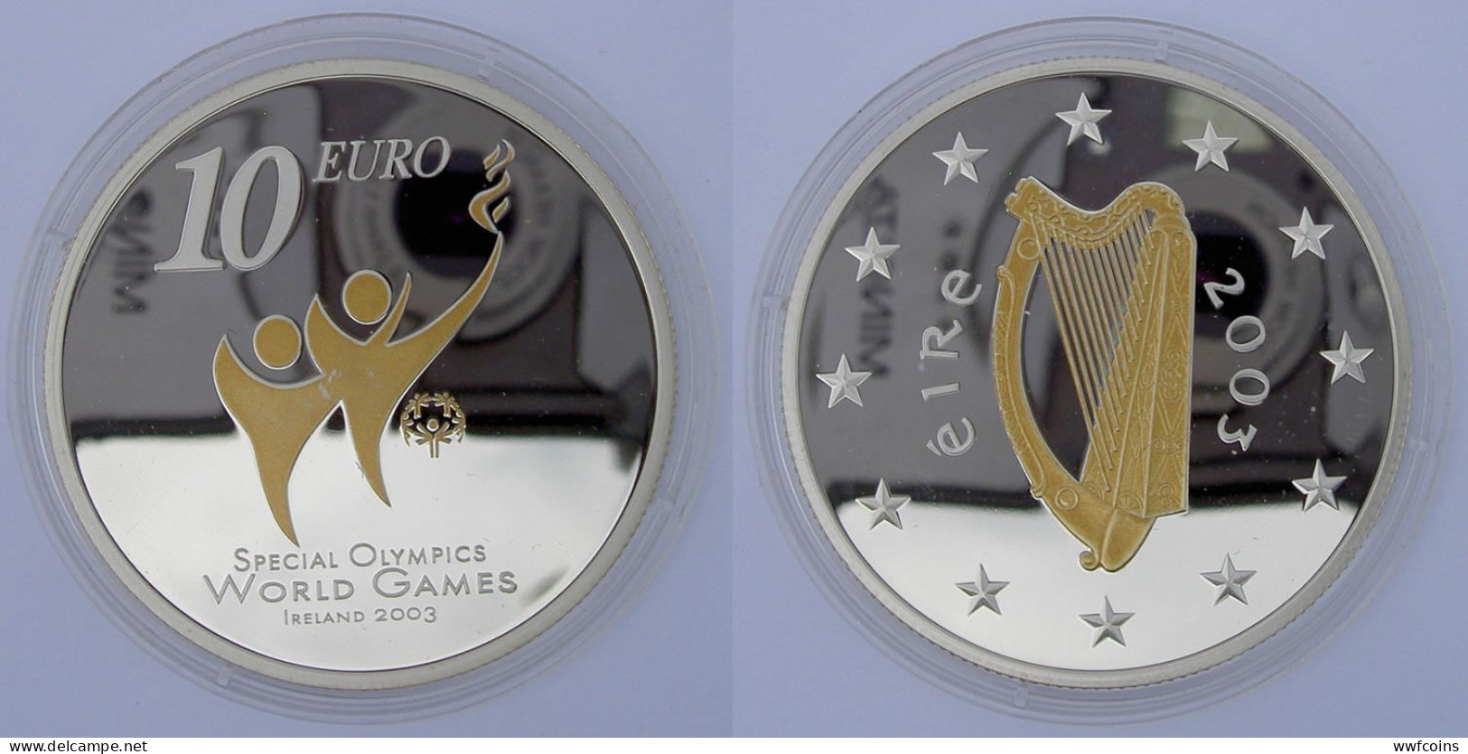 IRLANDA 10 E 2003 ARGENTO PROOF SPECIAL OLYMPICS WORLD GAMES DORATA PESO 28,28g TITOLO 0,925 CONSERVAZIONE FONDO SPECCHI - Ierland