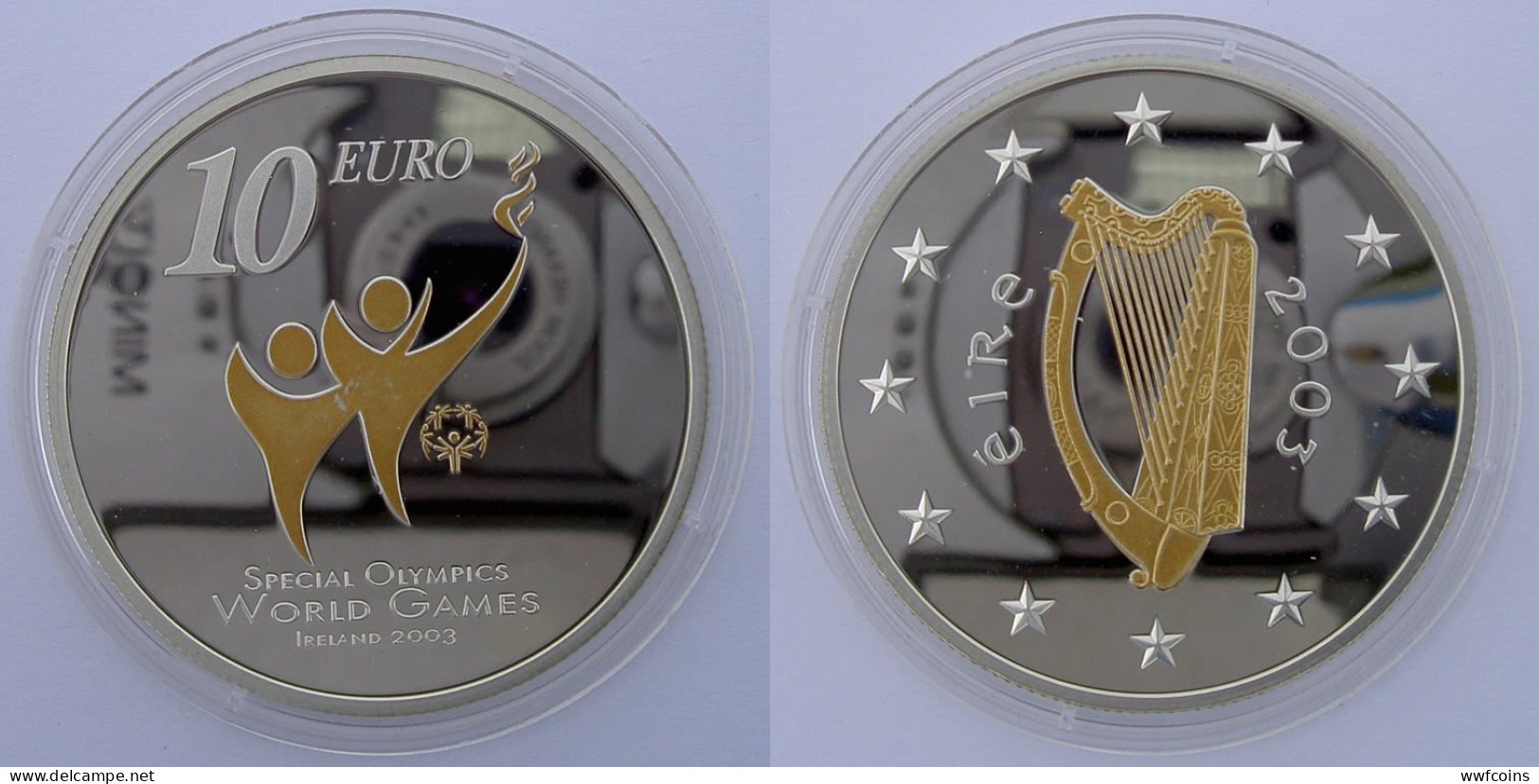IRLANDA 10 E 2003 ARGENTO PROOF SPECIAL OLYMPICS WORLD GAMES DORATA PESO 28,28g TITOLO 0,925 CONSERVAZIONE FONDO SPECCHI - Ireland
