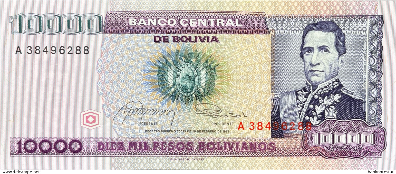 Bolivia 10.000 Pesos Bolivianos, P-169 (10.2.1984) - UNC - Bolivien