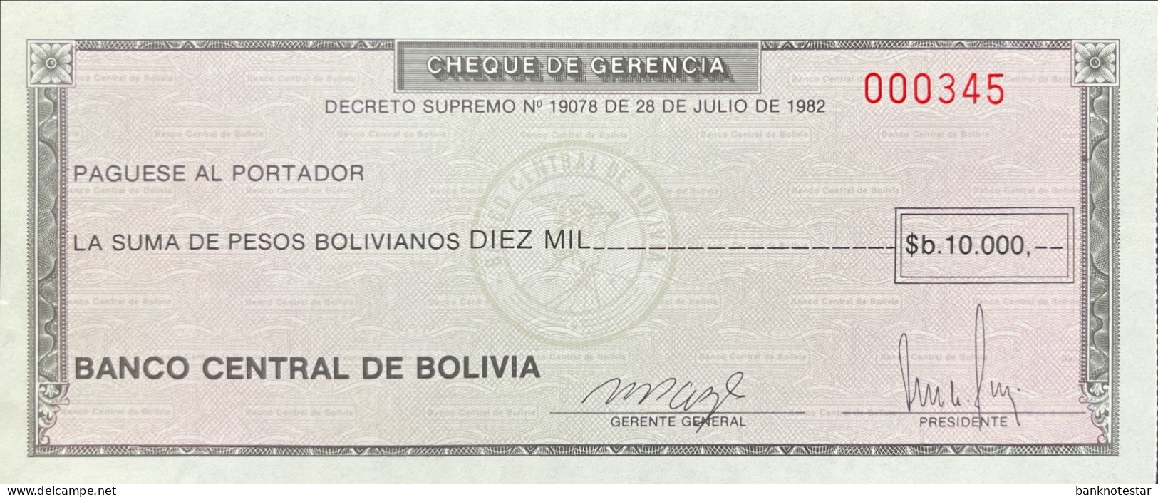 Bolivia 10.000 Pesos Bolivianos, P-173b (28.7.1982) - UNC - Serial Number 000345 - Bolivien