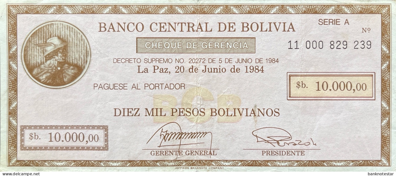 Bolivia 10.000 Pesos Bolivianos, P-183 (D.1984) - Very Fine - RARE - Bolivien