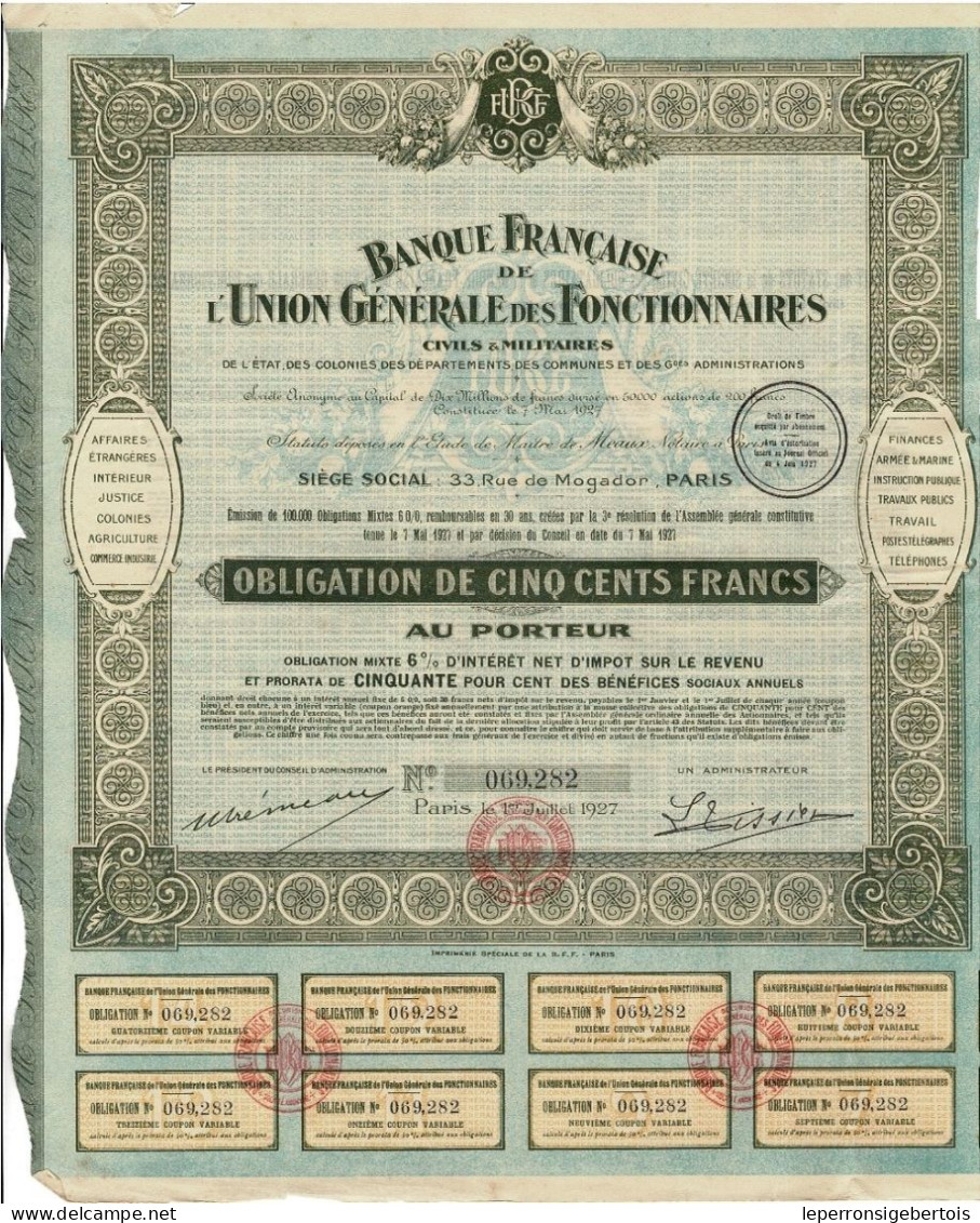 Obligation De 1927 - Banque Française De L'Union Générale Des Fonctionnaires Civils & Militaires - - Banque & Assurance