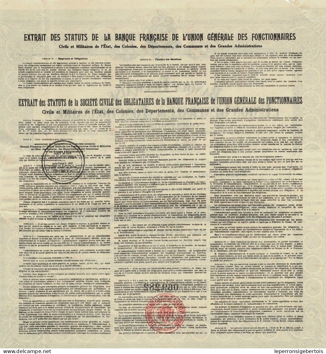 Obligation De 1927 - Banque Française De L'Union Générale Des Fonctionnaires Civils & Militaires - - Banque & Assurance