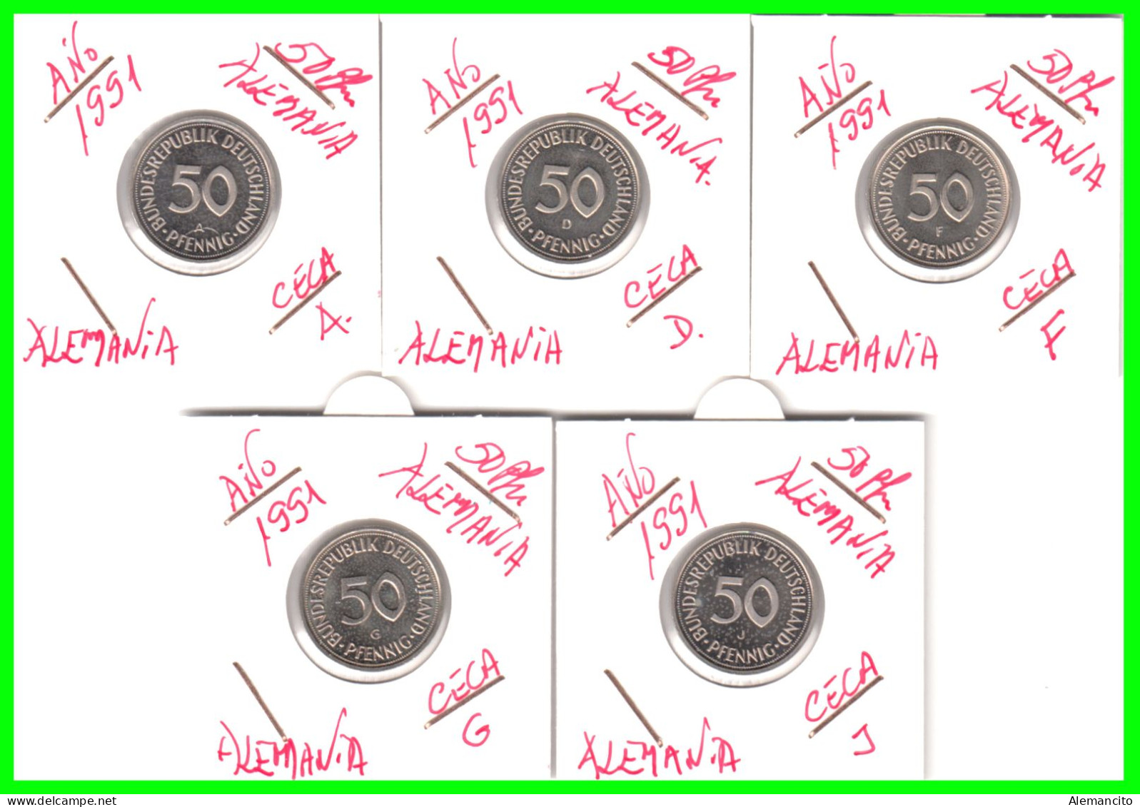 ALEMANIA - DEUTSCHLAND - GERMANY –  5 MONEDAS DE 50 Pfn. DEL AÑO 1991 -  CECAS -A: BERLIN- D – F – G – J.- PROOF (ESPEJO - 50 Pfennig